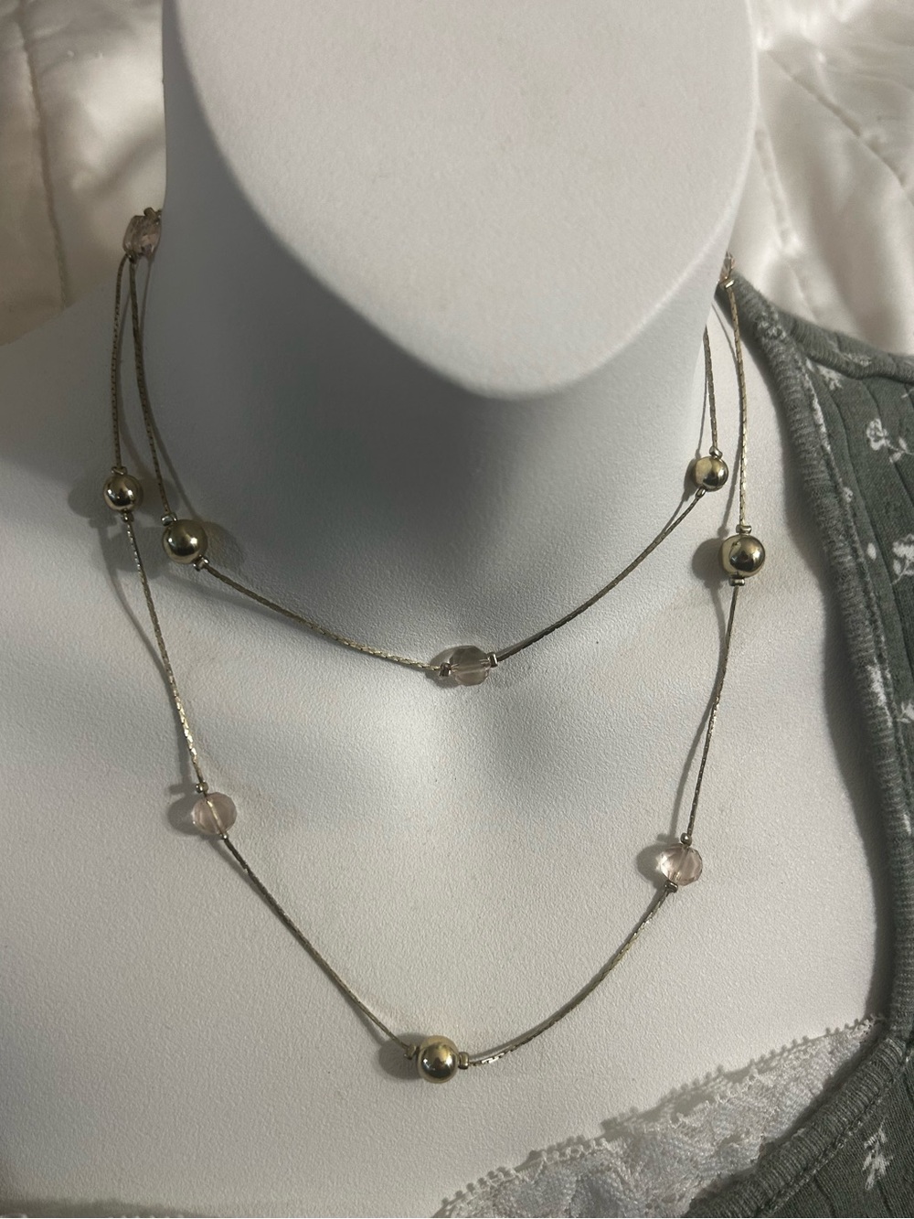 White Gold Tone Pink Crystal Bead Station Necklace